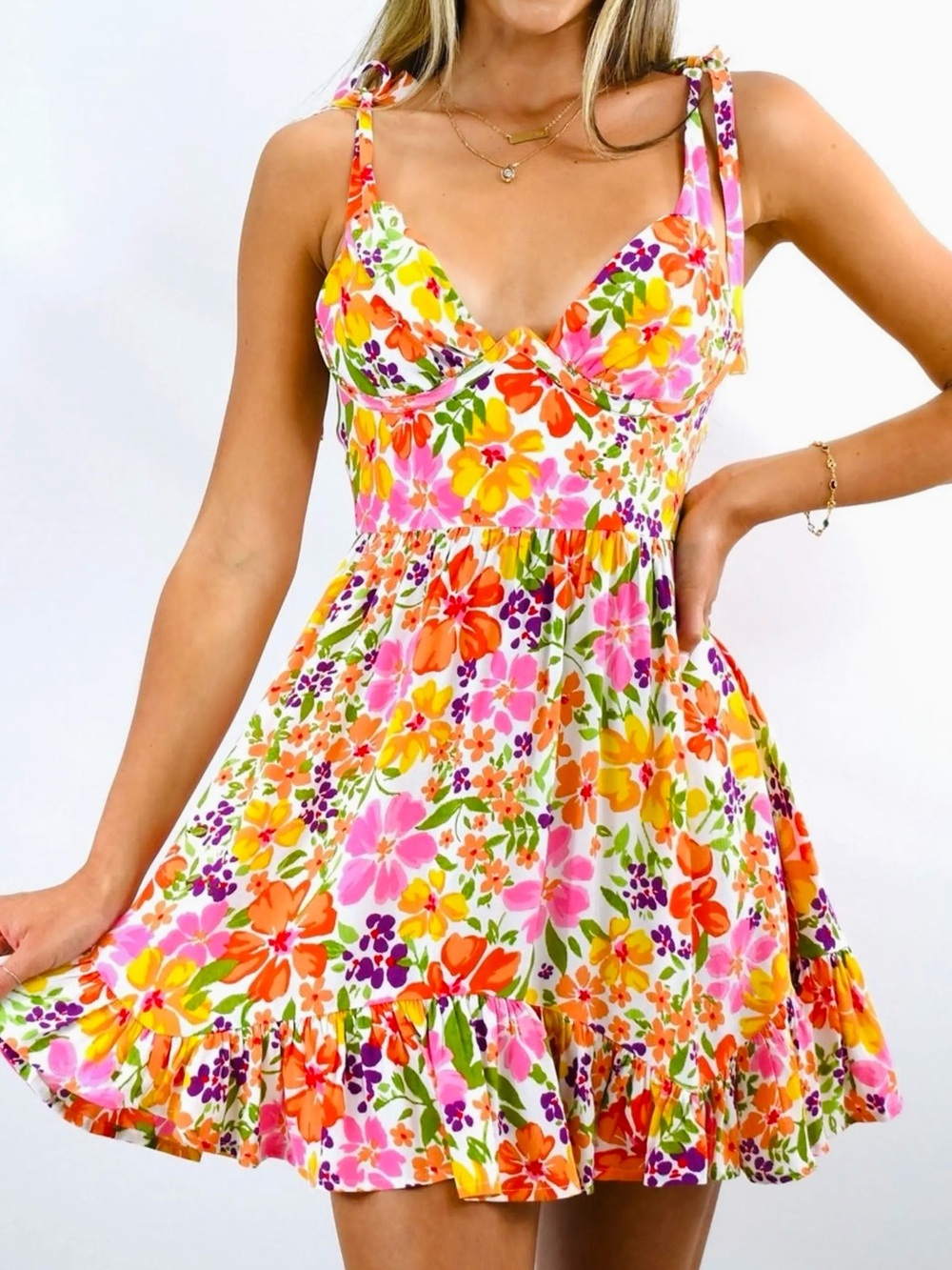 SKY TO MOON Flirty Ruffle Bright Floral Tie-Shoulder Bustier Mini Dress